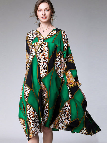 Casual Loose Split-Joint Contrast Color Leopard Floral Printed Lapel Collar Long Sleeves Midi Dress