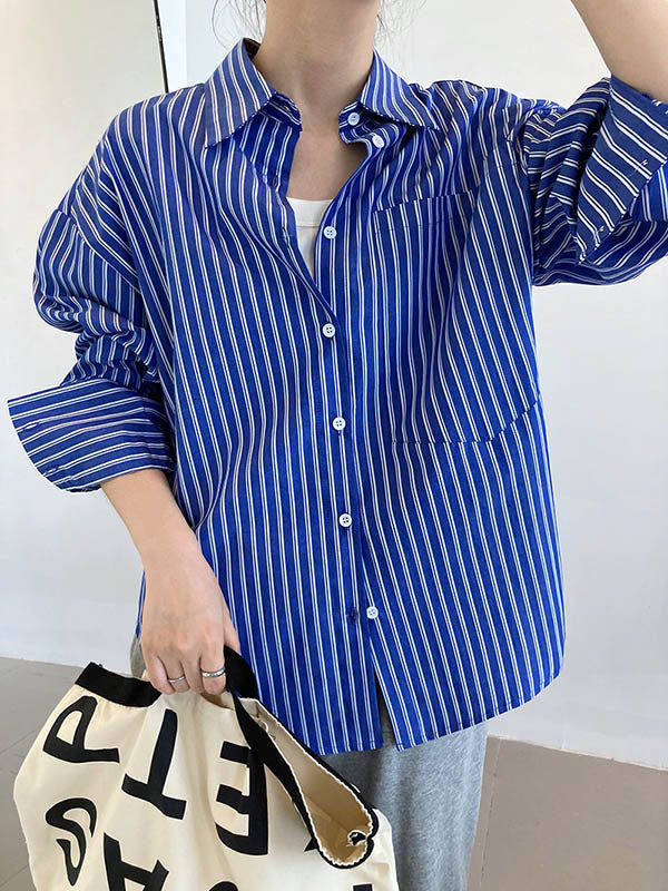Chic Simple Striped Buttoned Split-Joint With Pocket Lapel Collar Long Sleeves Blouse
