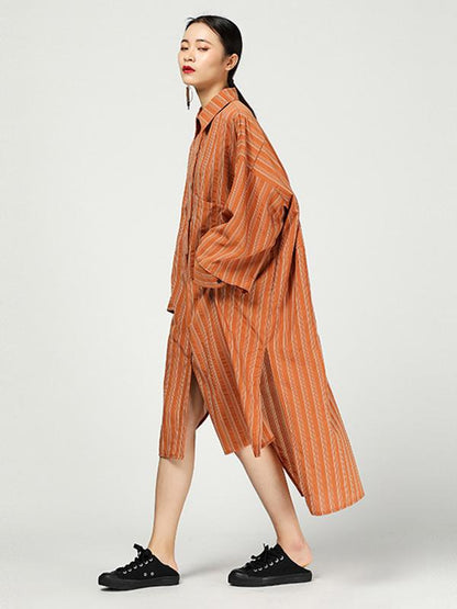 Casual Cutting Sleeve Stripped Shirt Dress