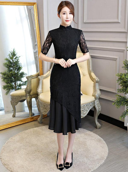 Black Lace Mermaid Stand-collar Long Cheongsam
