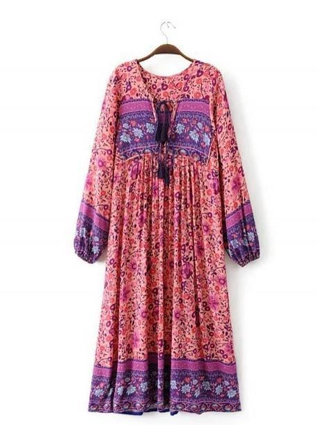 Pink Floral Long Sleeves Maxi Beach Bohemia Dress
