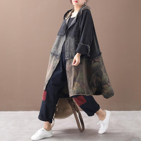 Buykud Retro Leaf Printed Burr Spliced Coat