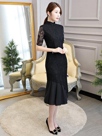 Black Lace Mermaid Stand-collar Long Cheongsam