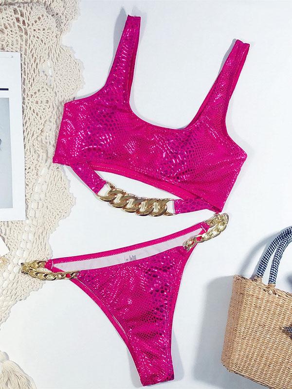 Snake-Print Chain Embellished Split Bikini Swimsuit