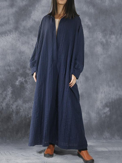 Loose Navy-blue Striped V-neck Lapel Long Dress