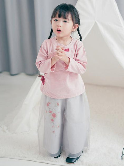 Chinese Style Original Little Girl Suit Pants and T-shirt with Floral Ornament