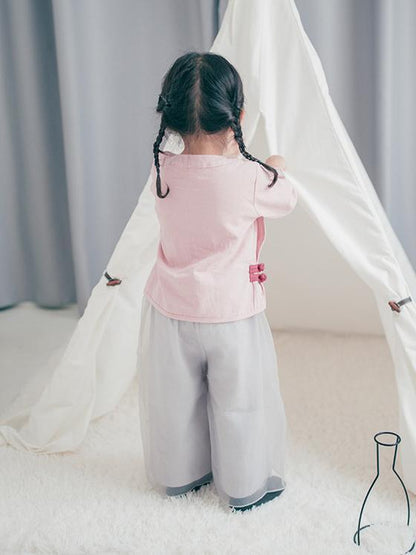 Chinese Style Original Little Girl Suit Pants and T-shirt with Floral Ornament