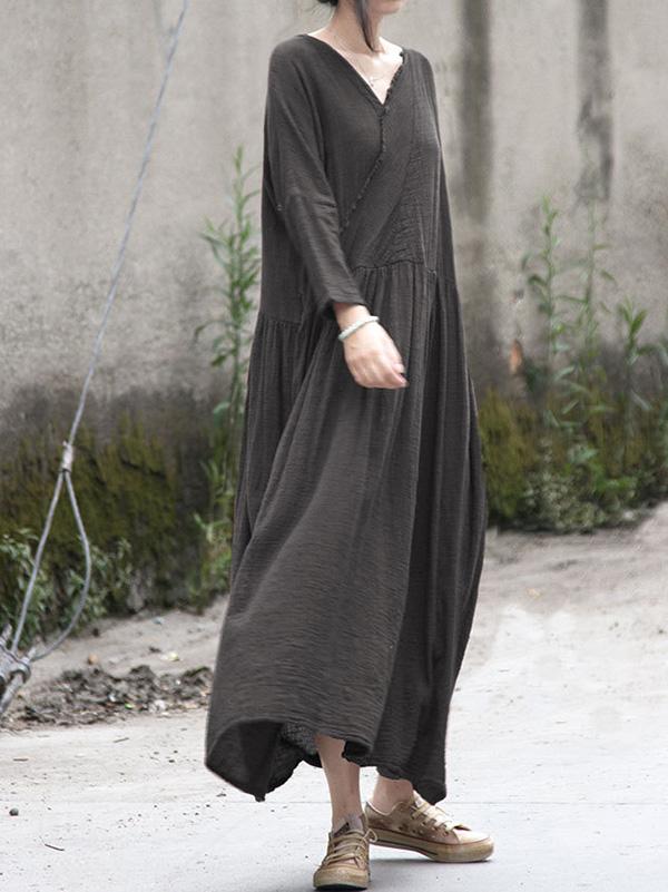 Ramie Cotton V-neck Loose Vintage Solid Midi Dresses