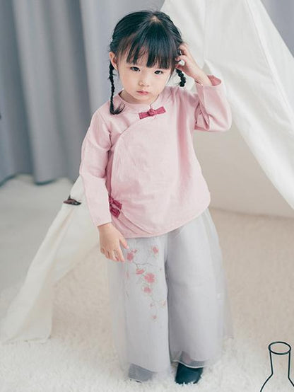 Chinese Style Original Little Girl Suit Pants and T-shirt with Floral Ornament