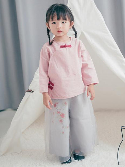 Chinese Style Original Little Girl Suit Pants and T-shirt with Floral Ornament
