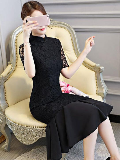 Black Lace Mermaid Stand-collar Long Cheongsam