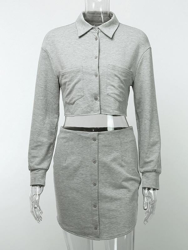 Solid Lapel Sweatshirt&Skirt Sports Suits