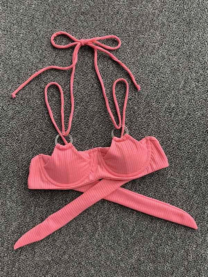 Solid Color Bandage Bikini Swimsuit