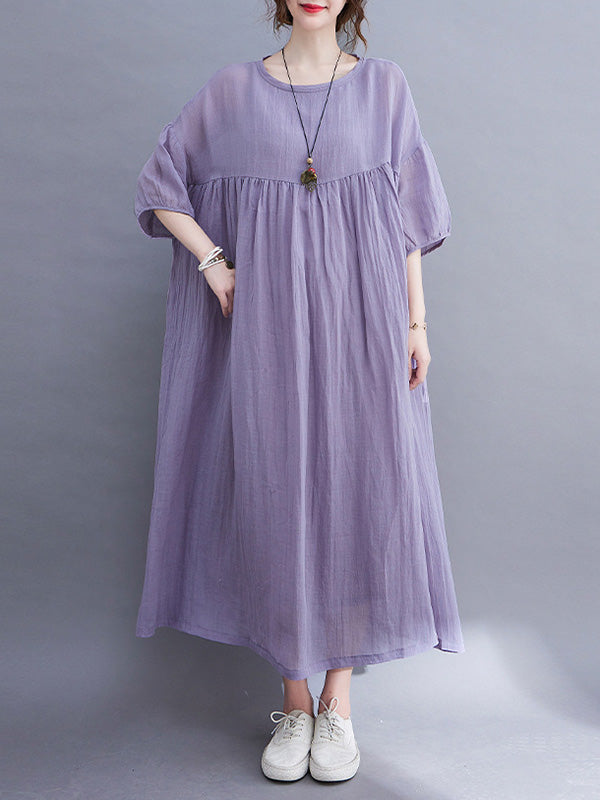 Simple Solid Color Puff Sleeve Midi Dress
