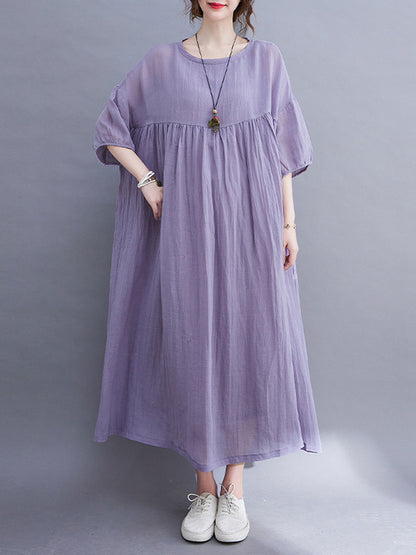 Simple Solid Color Puff Sleeve Midi Dress