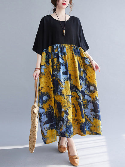 Artistic Retro Floral Printed Split-Joint Pleated Round-Neck Half Sleeves Midi Dress