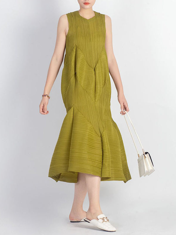 Casual Sleeveless Loose Pleated Solid Color Round-Neck Midi Dresses