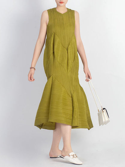Casual Sleeveless Loose Pleated Solid Color Round-Neck Midi Dresses