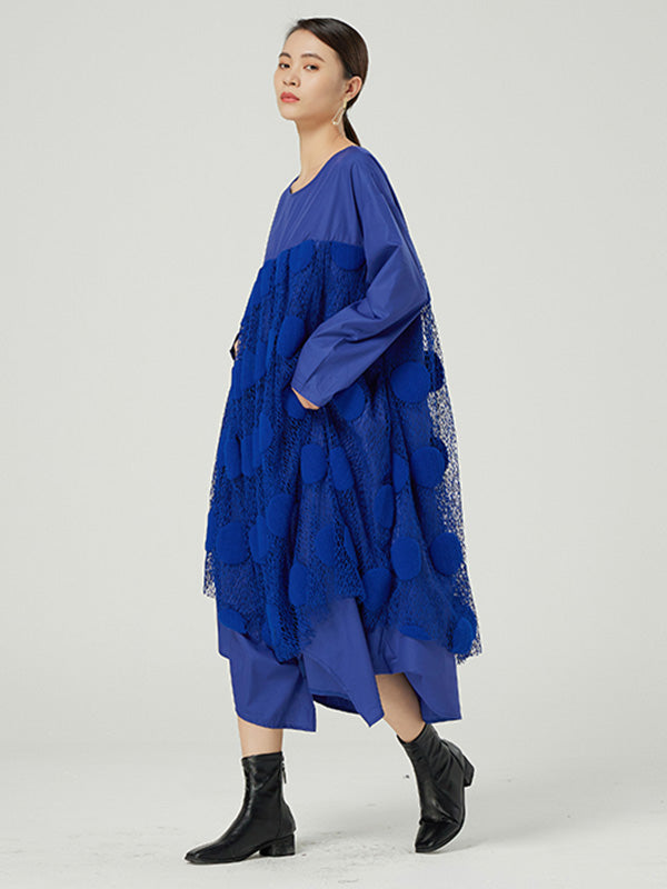 Original Split-Joint Round-Neck Long Sleeves Lace Midi Dress