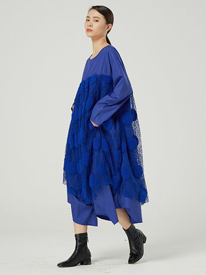 Original Split-Joint Round-Neck Long Sleeves Lace Midi Dress