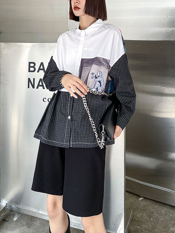 Stylish Cartoon Printed Plaid Split-Joint Lapel Collar Long Sleeves Blouse