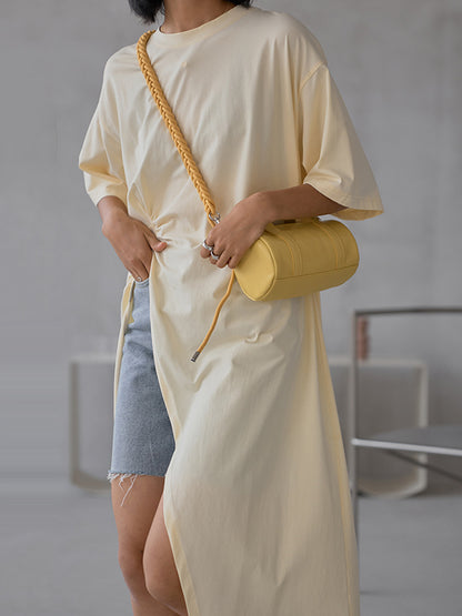 Casual Girlish Split-Side Pleated Half Sleeves Round-Neck Long T-Shirts