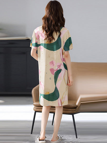 Comfortable Printing Lace Split-Joint  Round-Neck Pajama Dress