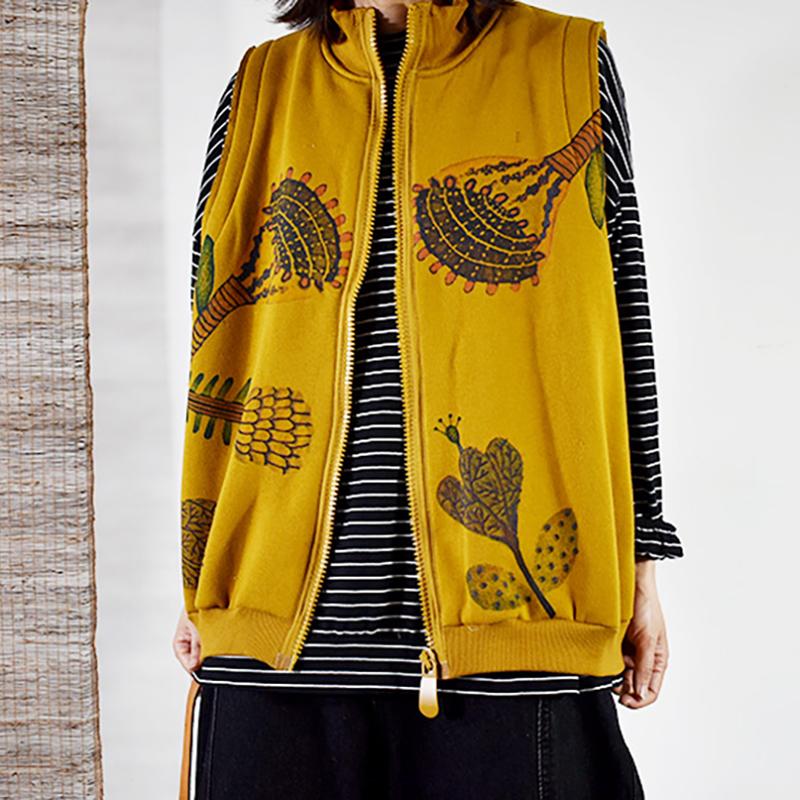 Buykud Printed Plus Velvet Autumn Winter High Neck Waistcoat