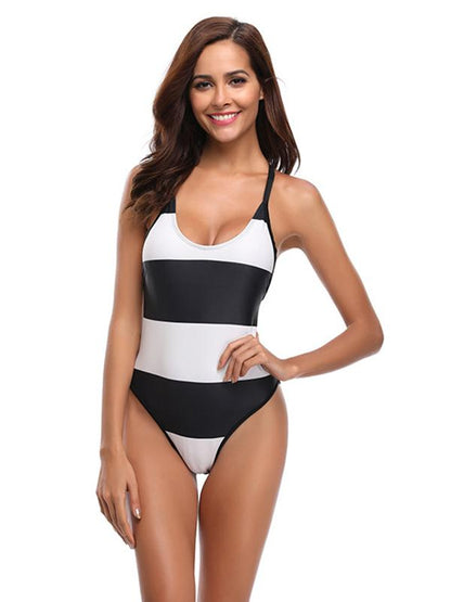 Backless Striped One-piece Swimwear