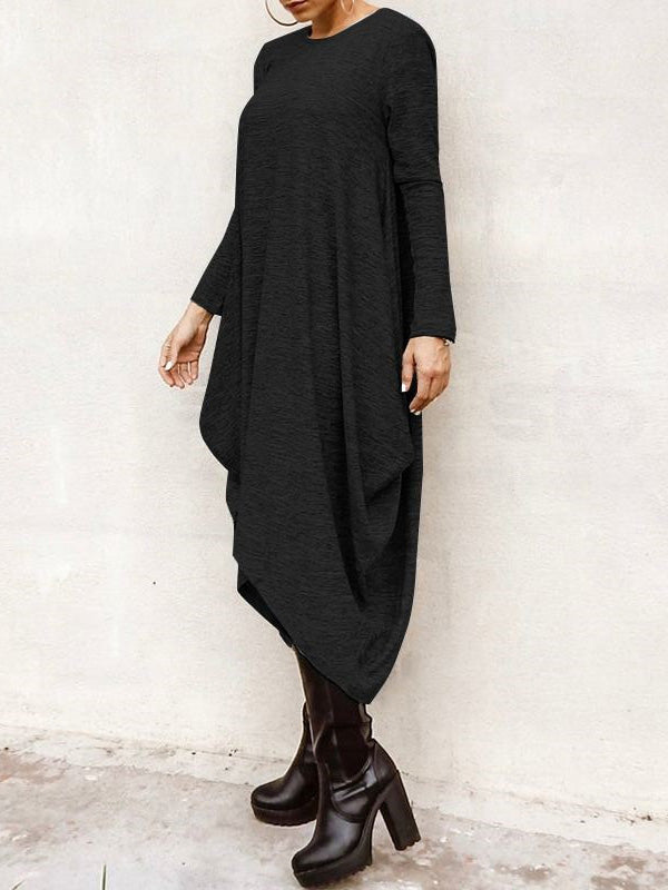 Simple Solid Color Round-Neck Long Sleeves Midi Dress