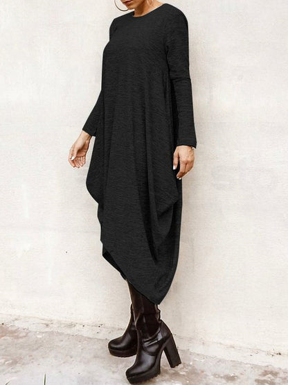 Simple Solid Color Round-Neck Long Sleeves Midi Dress