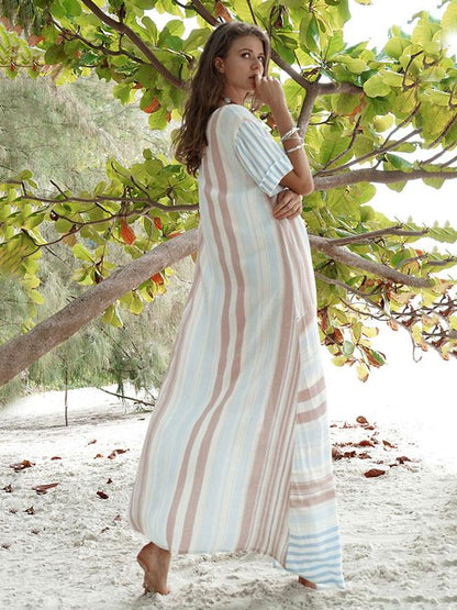 Cotton Linen Split-side Stripe Beach Maxi Dresses