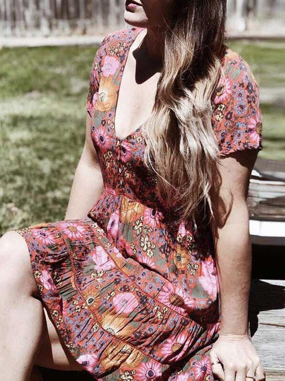 Printed V-neck Short Sleeve Mini Dress