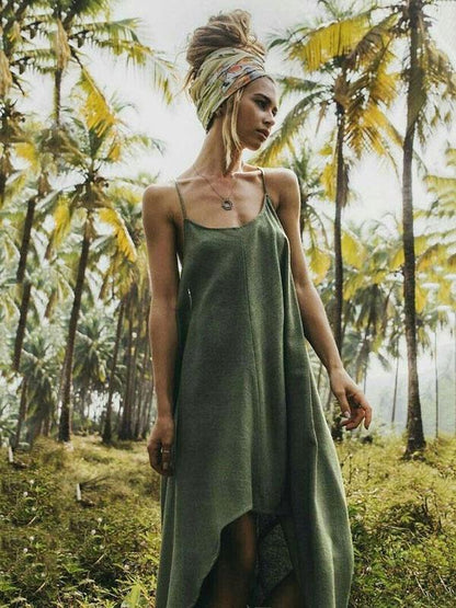 Asymmetric Spaghetti-neck Midi Dress
