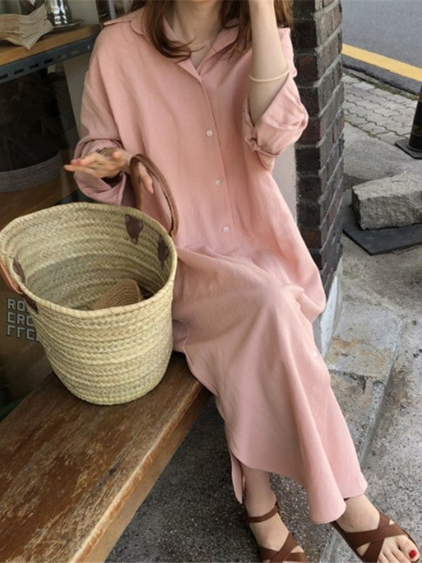 Casual Ramie Cotton Solid Color Buttoned Lapel Collar Long Sleeves Midi Shirt Dress