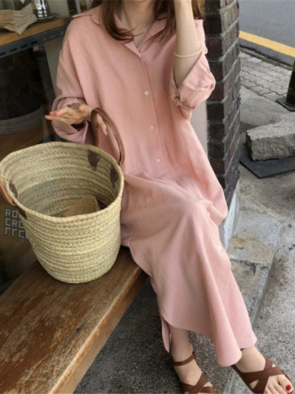Casual Ramie Cotton Solid Color Buttoned Lapel Collar Long Sleeves Midi Shirt Dress