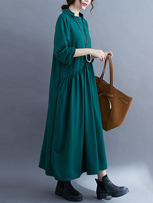 Simple Solid Color Asymmetric Split-Joint Long Sleeve Midi Dress