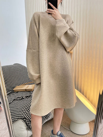 Simple Loose Solid Color Split-Joint Round-Neck Long Sleeves Midi Dress