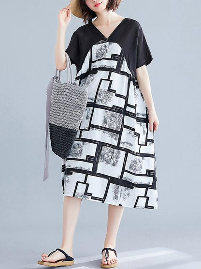 Cotton Linen Printed  V-neck Dress
