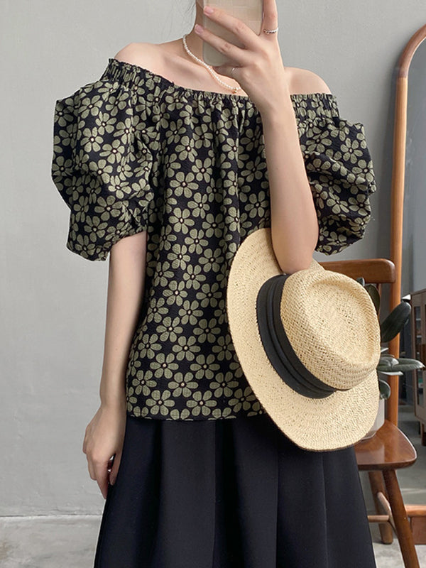 Loose Puff Sleeves Floral Printed T-Shirt