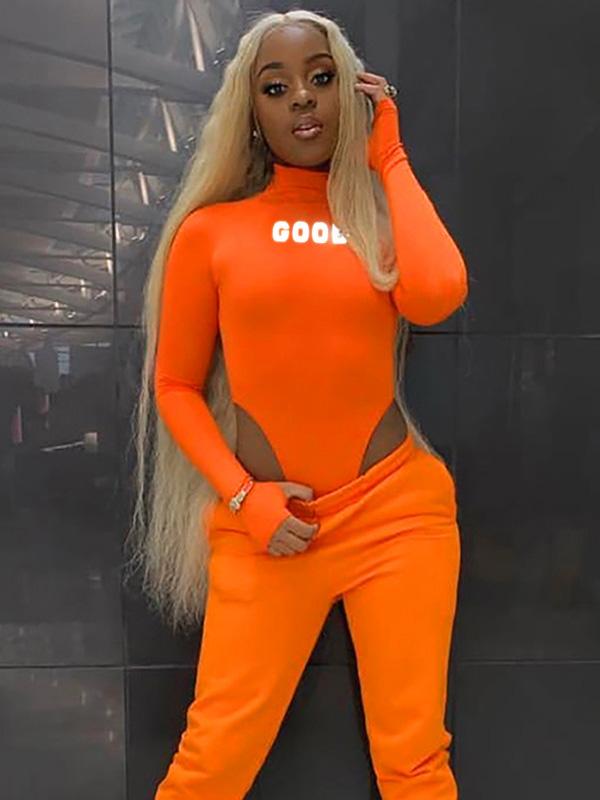 Fluorescence Long Sleeves Printed Letters  Bodysuits