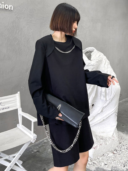 Cool Solid Color Split-Joint With Chain Round-Neck Long Sleeves T-Shirt