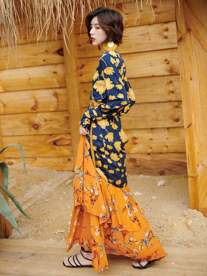 Asymmetric Long Sleeves Bohemia Wrap Dress