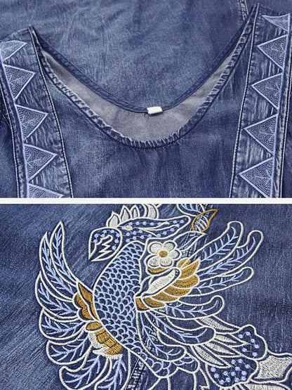 Original Retro Embroidered Hemline Denim Long Dress