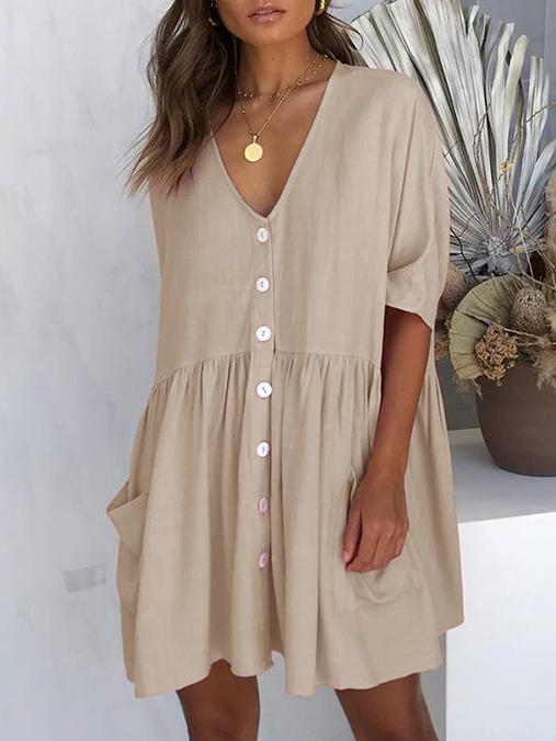 V-neck Solid Ruffled Loose Mini Dresses