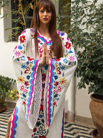 Pink Blue Fairy Sleeves Embroidered Maxi Dress