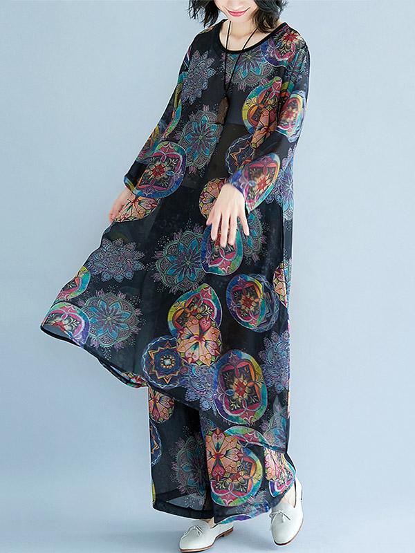 Loose Chiffon Floral Printed Long Shirt+Pants Suits