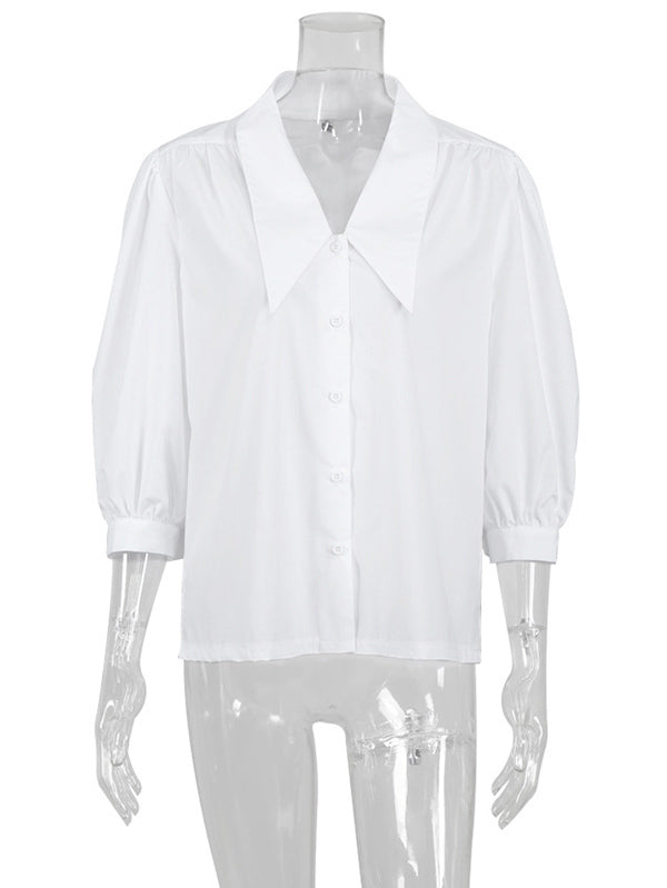 Urban Solid Color Split-Joint Pleated Lapel Collar Bishop Sleeves Shirt
