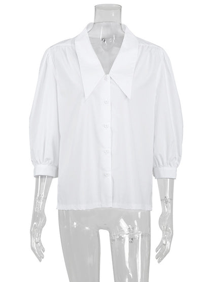 Urban Solid Color Split-Joint Pleated Lapel Collar Bishop Sleeves Shirt