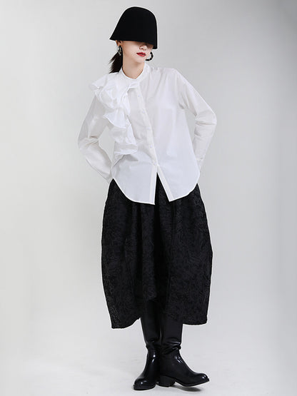 Stylish Falbala Split-Joint Solid Color Buttoned Stand Collar Long Sleeves Blouse